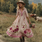 Classy Gradient Pink Roses And Striped  Embroidered Linen Maxi Dress