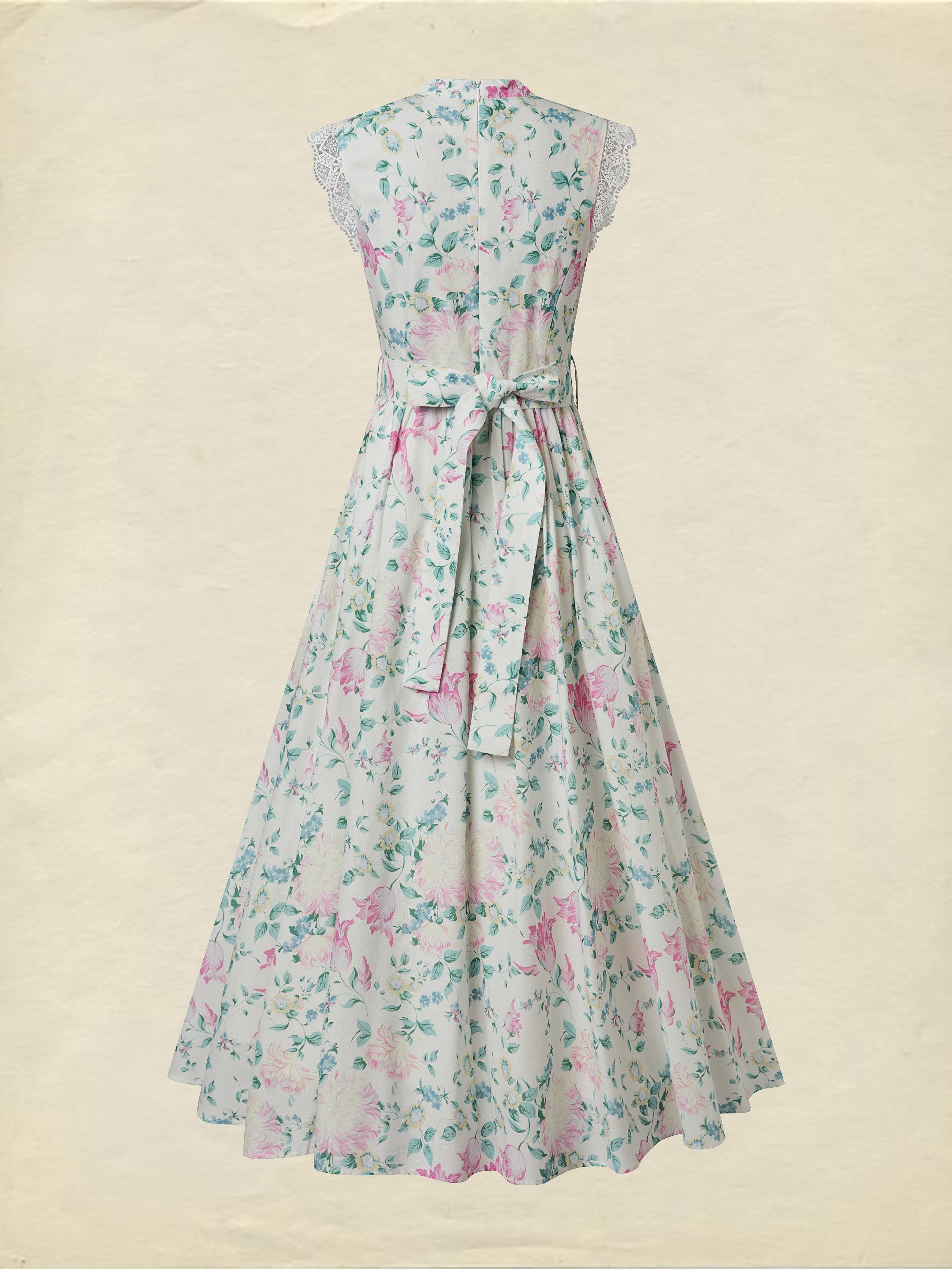 Maxi Cotton Dress, Sleeveless, V Neck, Floral, Lace, Vacation, Vintage, Apricot