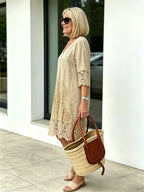 V-neck A-shaped Skirt Solid Color Lace Dress  Five-quarter Sleeve