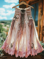 Vintage Boho Retro Lace Art Pattern Flowy Linen Skirt