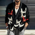 Men's Japanese Cranes Embroidered Cozy Fleece Kimono Cardigan