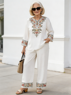 2Pcs Vacation Long-sleeved Lace Flower Long-sleeved Ethnic Style Suit