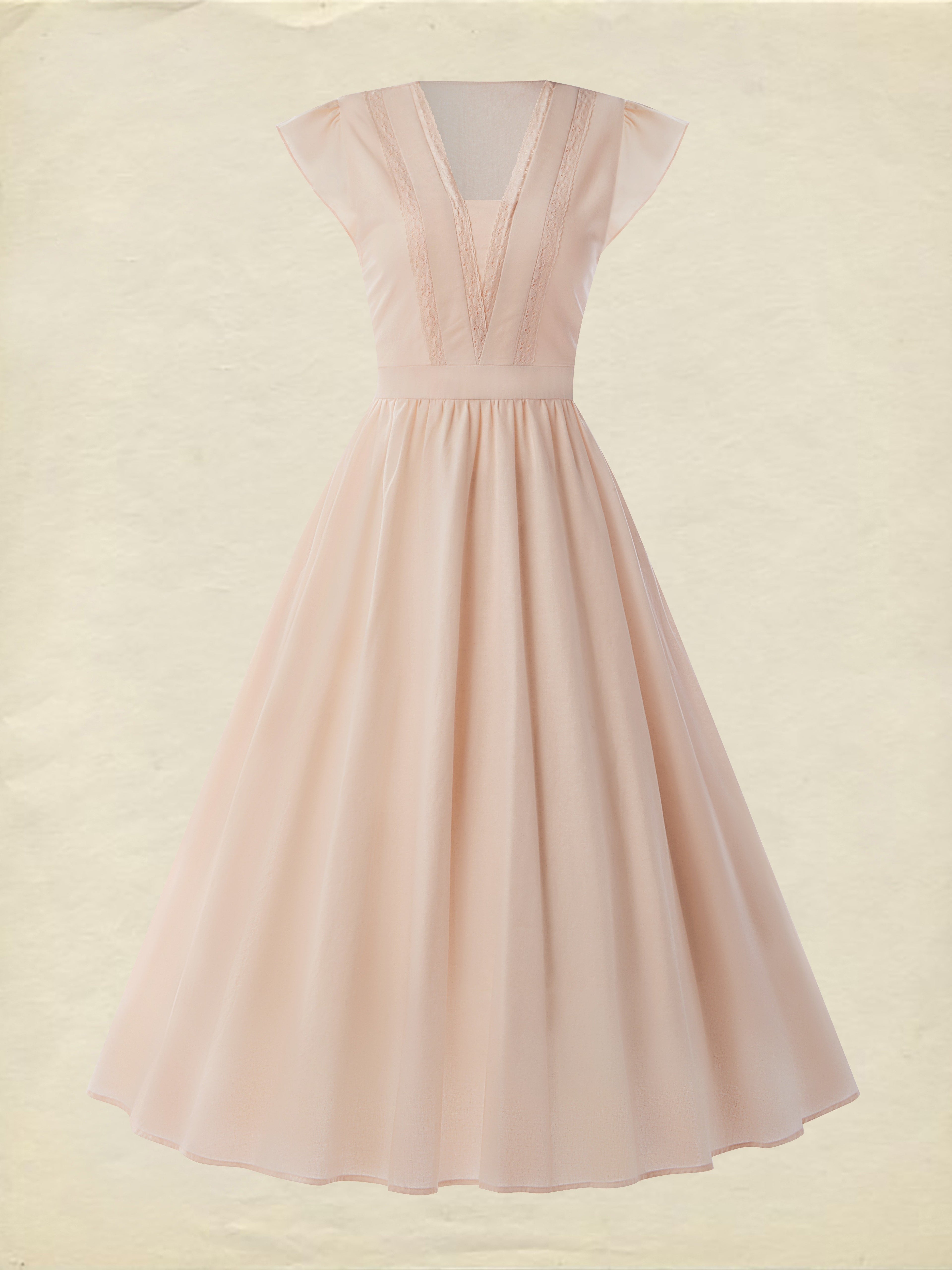 Linen Midi Dress, Short Sleeve, Lace Collar, Plain, Vintage, Light Pink