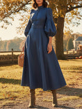 Maxi Cotton Dress, Half Sleeve, Stand Collar, Plain, Belt Design, Vintage, Deep Blue