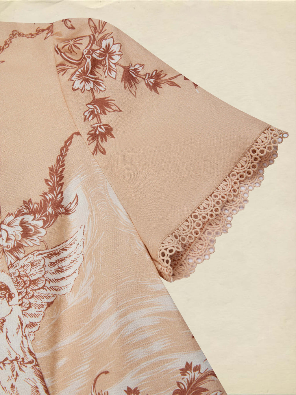 Cotton Shirt, Short Sleeves, Stand Collar, Angel, Lace, Vintage, Caramel