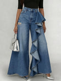 Stylish Cozy Asymmetrical Ruffles Wide-leg Denim Jeans