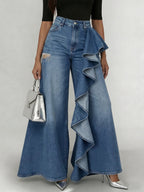 Stylish Cozy Asymmetrical Ruffles Wide-leg Denim Jeans
