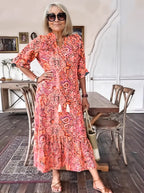 Vacation DRESS Paisley Bohemian Long Length Vintage Print Tassel Tie Neck Tunic Dress - Elegant Vacation Style with Drawstring, Ruffle Hem, and Random Printing