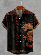 Men's Japanese Calligraphy Dragon Art Pattern Casual Linen Shirt