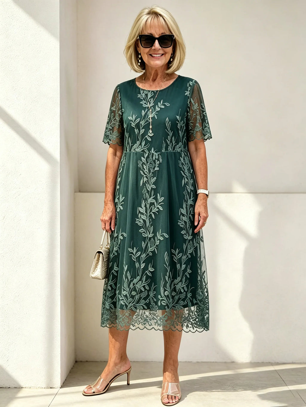 Petite Dark Green Leaf Embroidered Lace Midi Dress, Round Neck Short Sleeve Loose Slimming Mom Dress for Mature Women