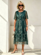 Petite Dark Green Leaf Embroidered Lace Midi Dress, Round Neck Short Sleeve Loose Slimming Mom Dress for Mature Women