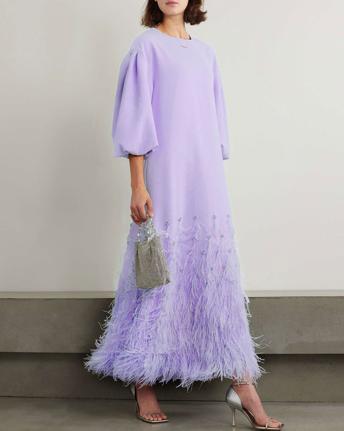 Feather-Trimmed Embellished Recycled-Crepe Gown