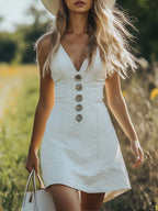 Retro Casual V-Neck Front Button White Denim Mini Dress