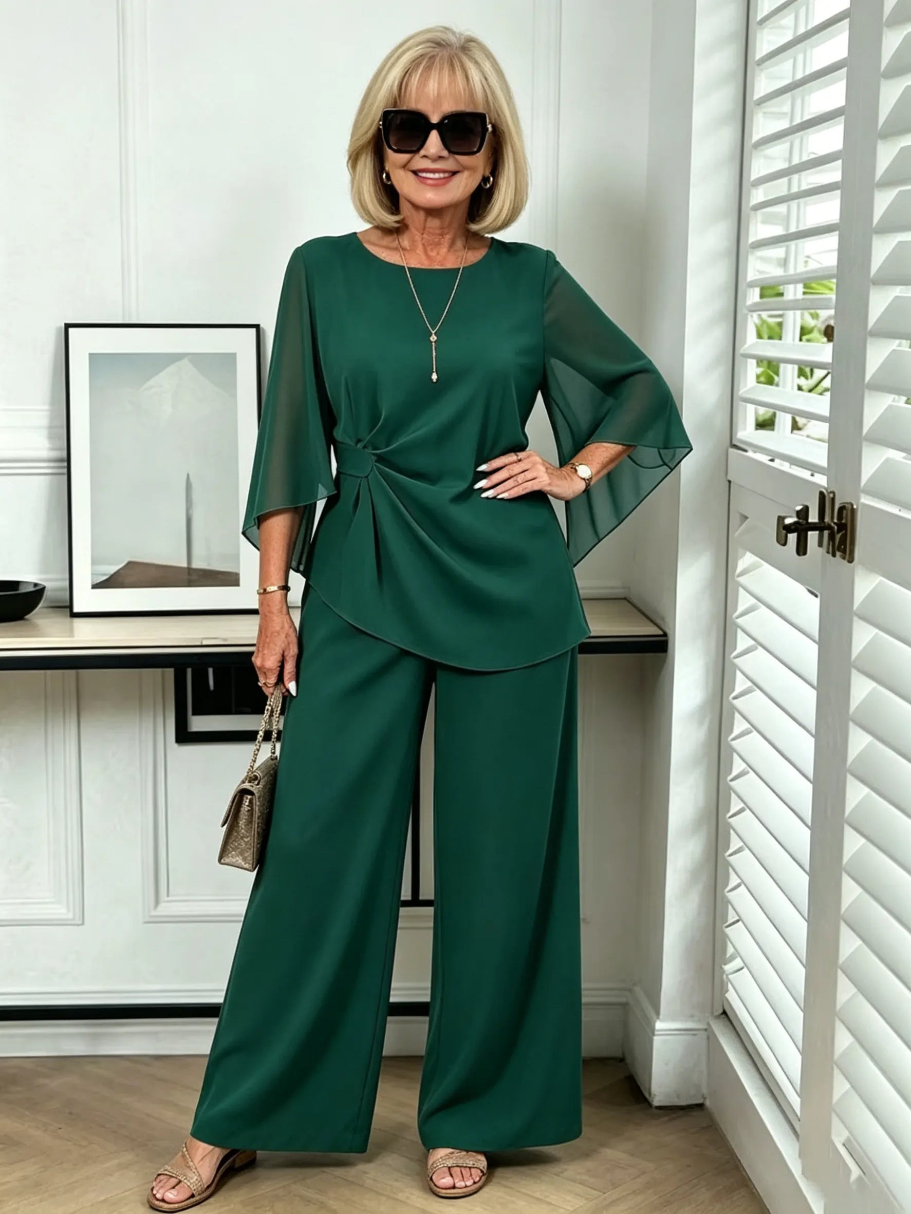 2Pcs Light Blue Chiffon 2 Piece Outfit, Irregular Twist Flare Sleeve Top & Wide Leg Pants Set for Mature Women