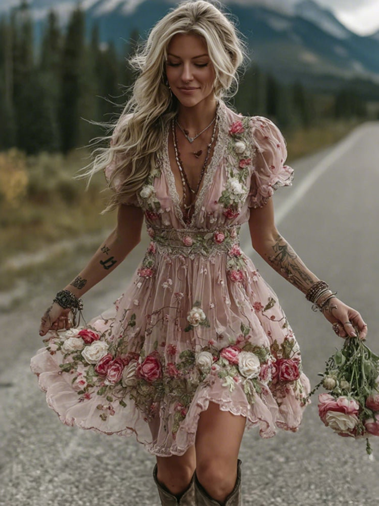 Women's Vintage Pink Rose Art V Neck Midi Dress
