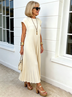 Elastic Dress Women's Elegant Fashion Crew Neck Sleeveless Pleated Long Dress