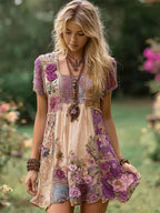 Purple Floral Boho Art Women's Linen Short Sleeve Mini Dress