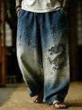 Japanese Style Dragon Totem And Sea Wave Linen Trousers