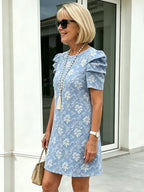 Bubble Sleeve Textured Jacquard Crew Neck Vintage Style Dress