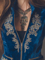 Zippered Boho Royal Blue Embroidered Velvet Vest