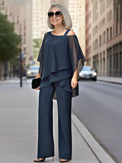 2Pcs Bat Sleeve Top Trousers Women's Casual Off-the-shoulder Irregular Party Suit Elegant Two-piece Set