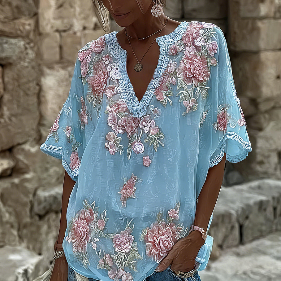 Women's Spring Floral Embroidered Art Print Flowy Linen Blend Casual Tops