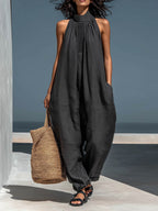 Women's Stand-up Collar Sleeveless Casual Loose Cotton And Linen Wide-leg Jumpsuit