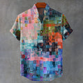 Oil Painting Style Lattice Vintage Art Print Casual Cotton Linen Shirt