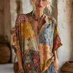 Bohemian Style Patchwork Print Vintage Tie-dye V-neck Short-sleeved Shirt