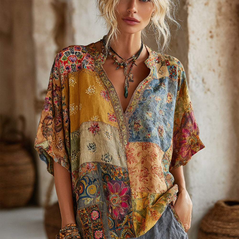 Bohemian Style Patchwork Print Vintage Tie-dye V-neck Short-sleeved Shirt