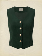 Cotton Vest (Shirt and Skirt Not Included), Sleeveless, V Neck, Plain, Button Design, Vintage, Green