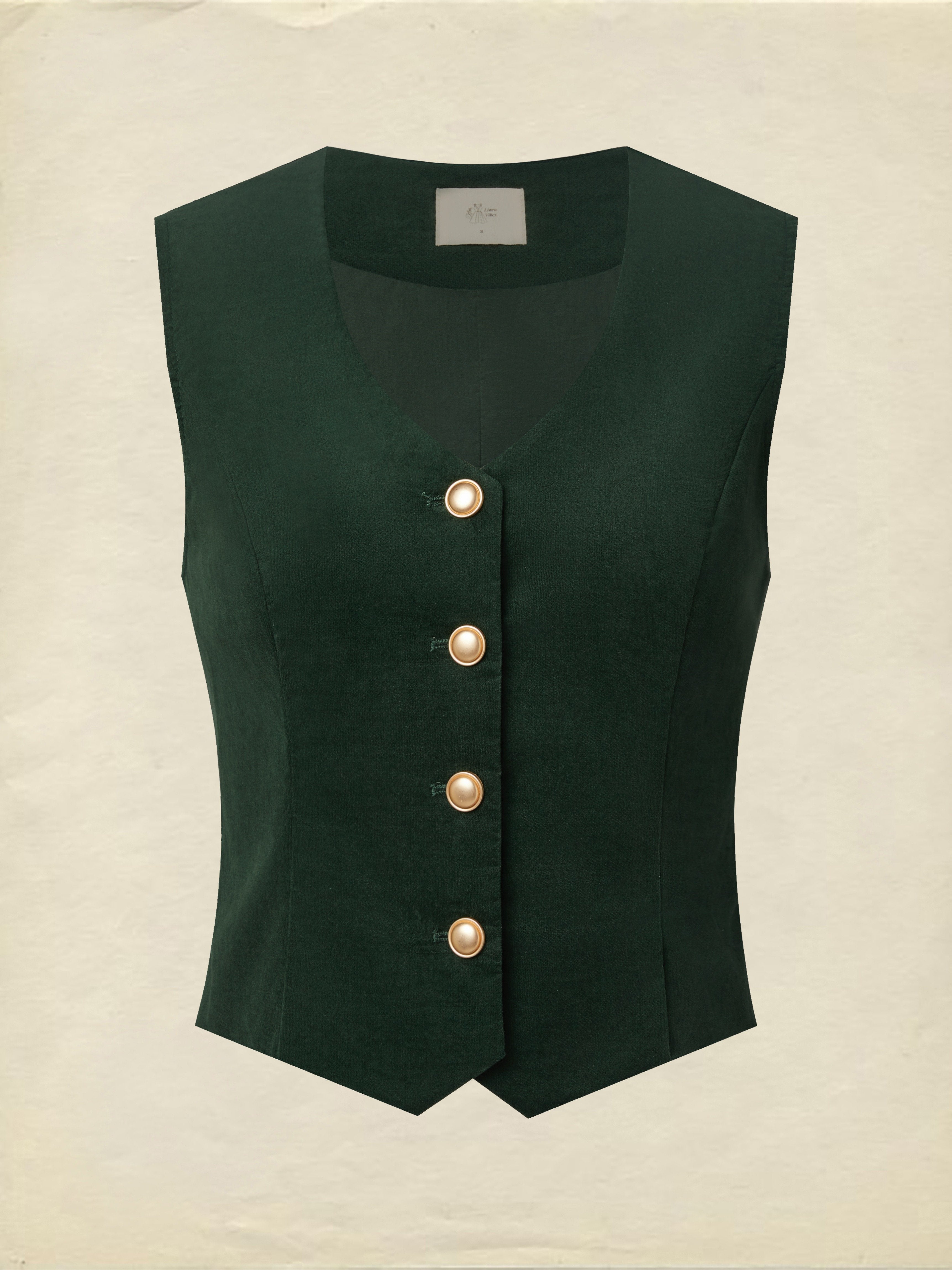 Cotton Vest (Shirt and Skirt Not Included), Sleeveless, V Neck, Plain, Button Design, Vintage, Green