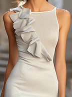 Elegant Gray Satin Mesh Dress With Ruffle Detail
