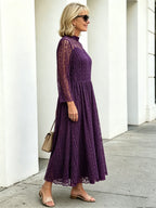 Purple Lace Midi Dress, Mock Neck Sheer 3/4 Sleeve Elastic Waist Slimming Swing Dress for Mature Women