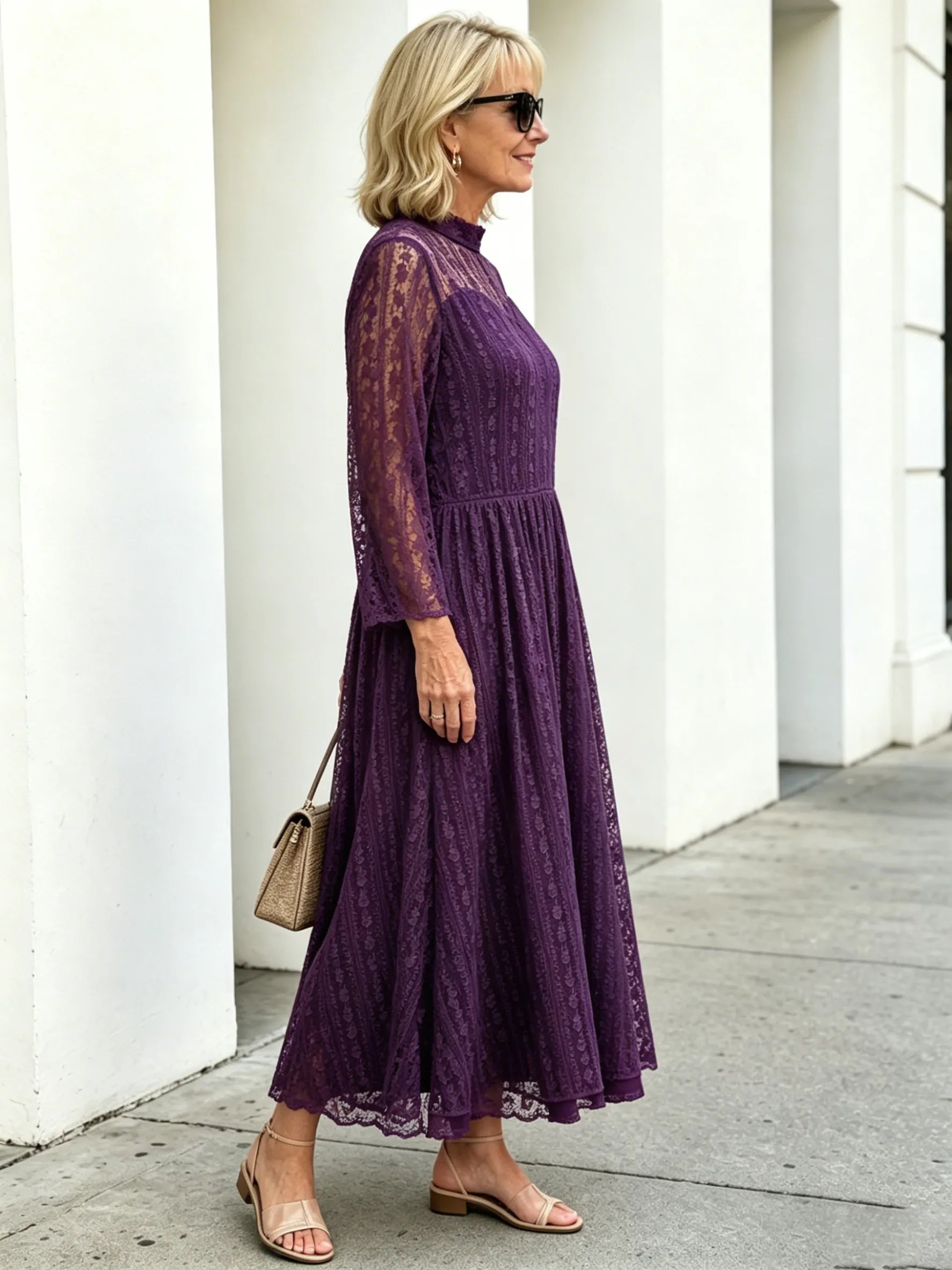 Purple Lace Midi Dress, Mock Neck Sheer 3/4 Sleeve Elastic Waist Slimming Swing Dress for Mature Women