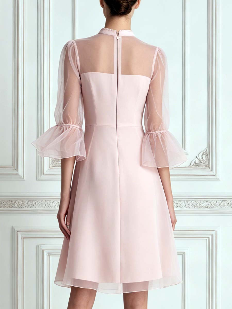 Blush Pink Sheer Flared 3/4‐Sleeve A‐Line Midi Dress