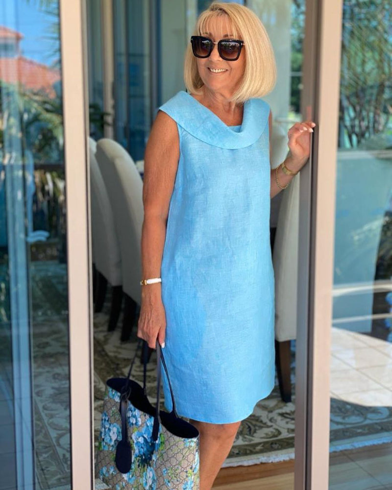 Linen Ruffle Collar Dress Open Collar at Back Party Dress