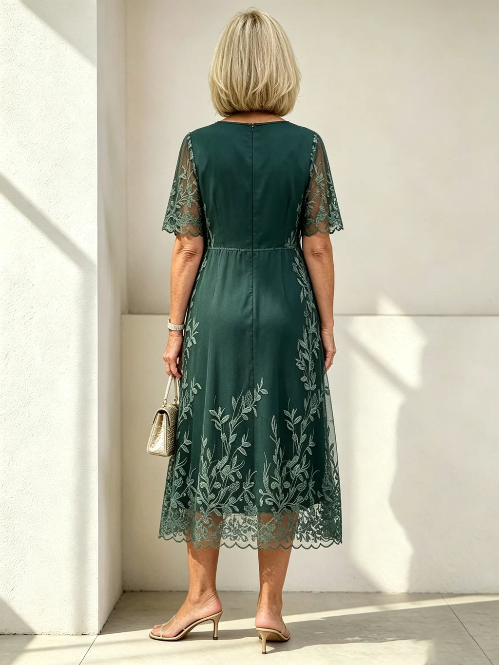 Petite Dark Green Leaf Embroidered Lace Midi Dress, Round Neck Short Sleeve Loose Slimming Mom Dress for Mature Women