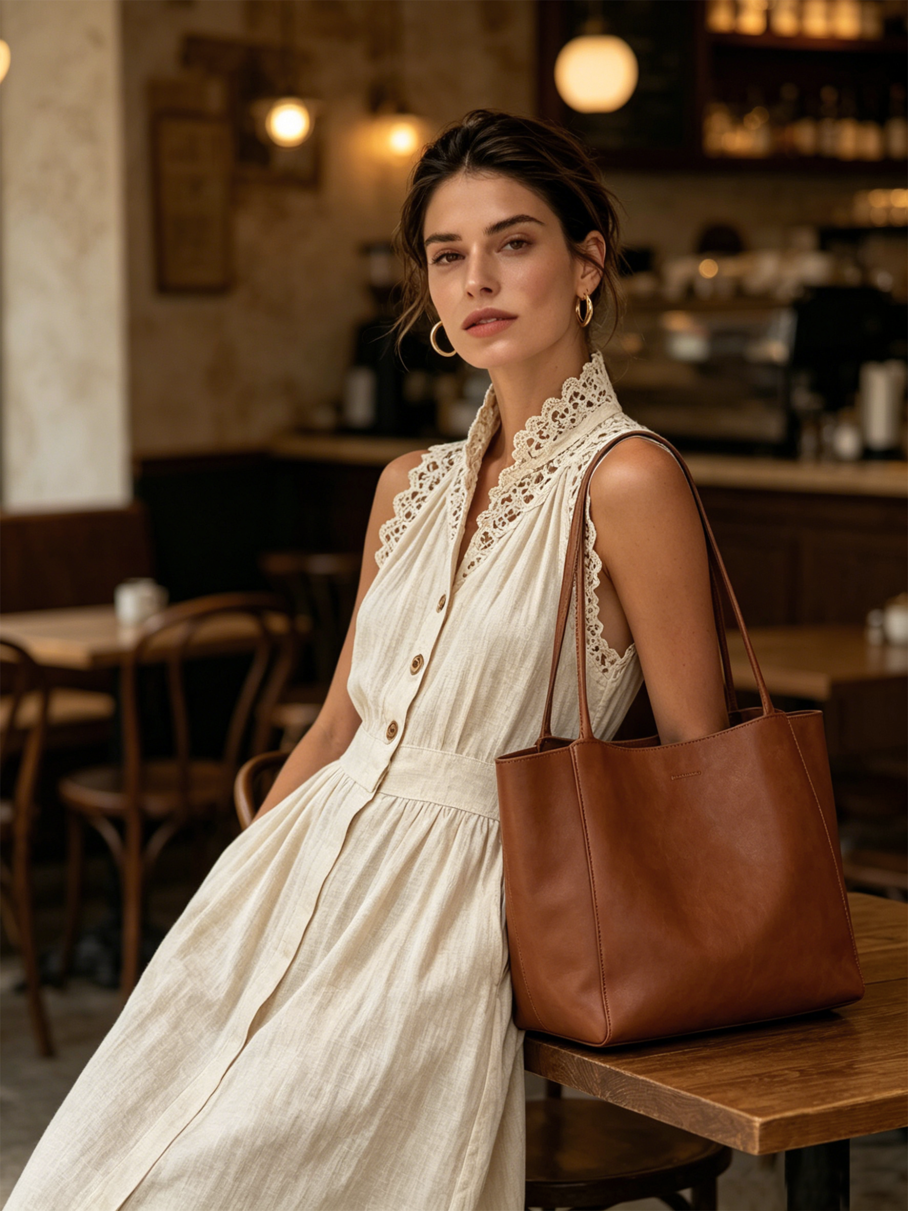 Beige Linen-Blend Lace Trim Sleeveless Button-Front Maxi Dress