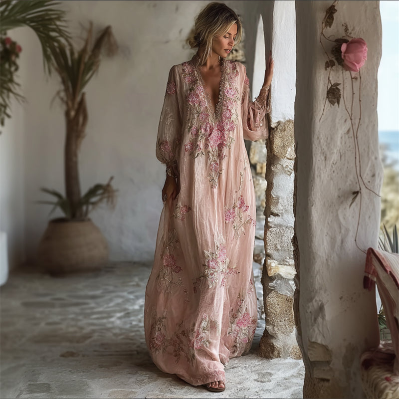 Boho Pink Roses Floral Lace Trim Flowy Linen Maxi Dress