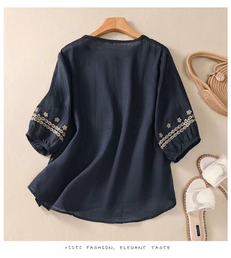 Cotton and Linen Embroidered Shirt with Seven-quarter Sleeves, Thin Temperament, Loose and Versatile Pullover Top