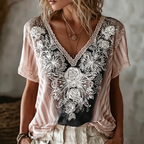 Butterfly Flower Embroidery Patchwork Striped Design Women's Summer Linen T-shirt