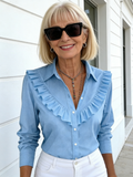 Women's Solid Color Shirt Collar Long Sleeve Casual Loose Ruffle Edge Cotton and Linen Top