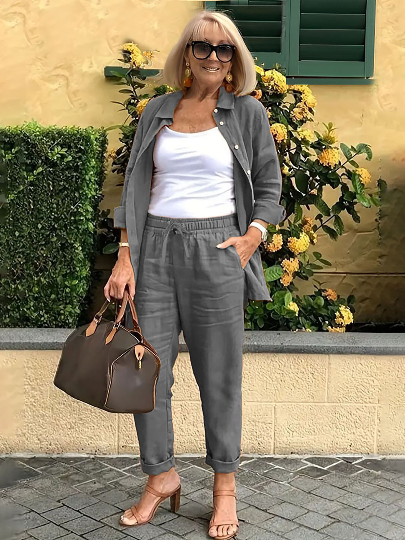 PINK LINEN SUITS Minimalist Two-piece Shirt Pants Set