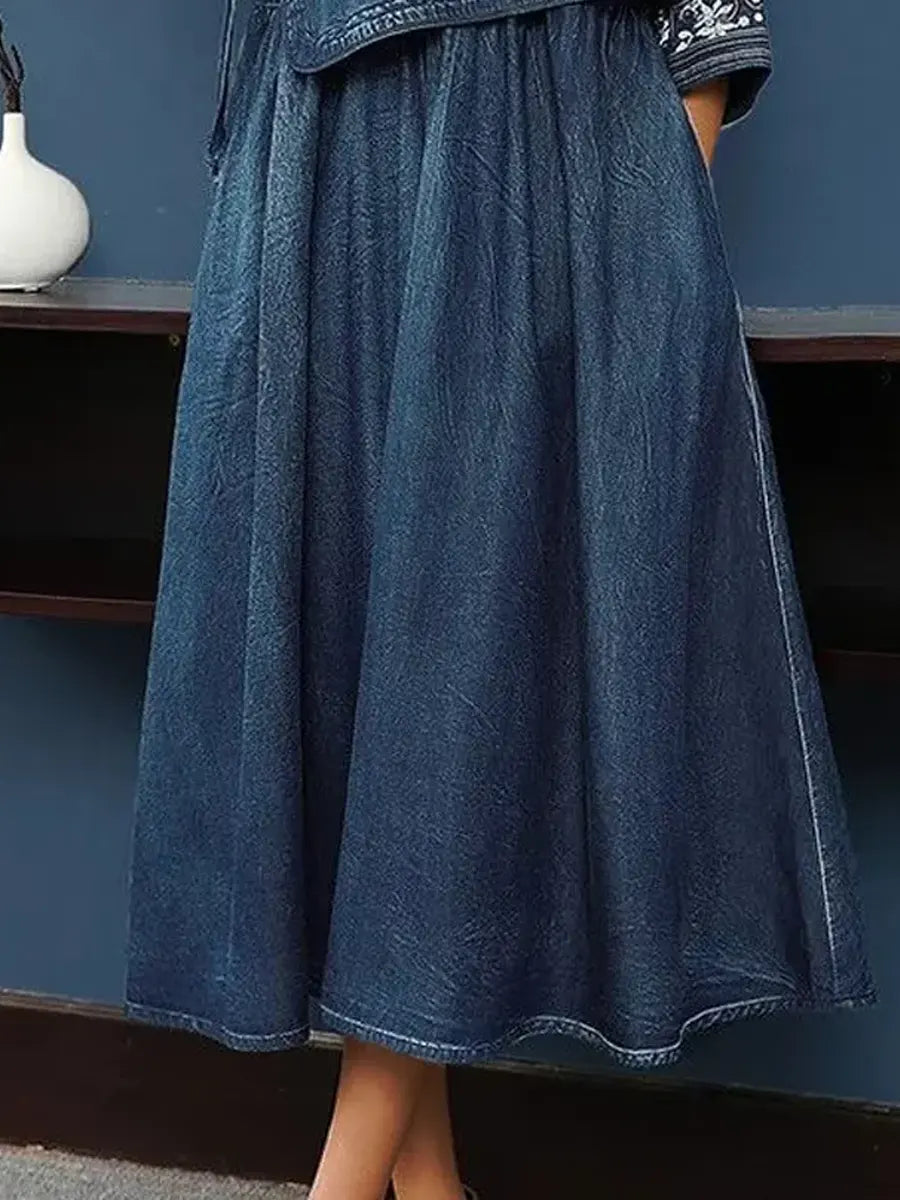 Women's Retro Ethnic Art Casual V-Neck Denim Top & Skirt Set