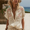 Women's Vintage Embroidery Floral Art Button Short Sleeve Shirt