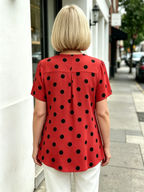 Yellow Polka Dot Chiffon Blouse, V Neck Front Tie Short Sleeve Loose Tummy Concealing Shirt for Mature Women