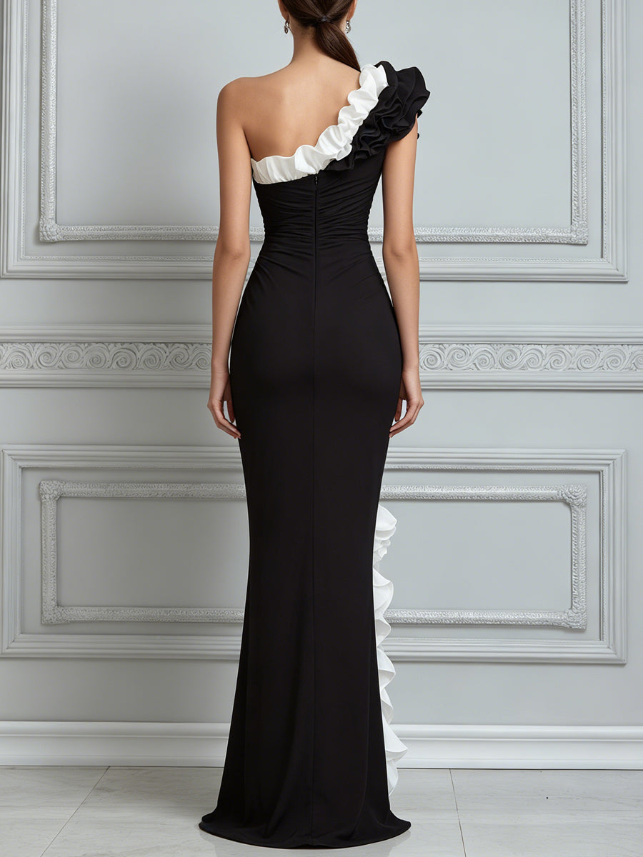 Black And White One-Shoulder Ruffle Evening Maxi Dress