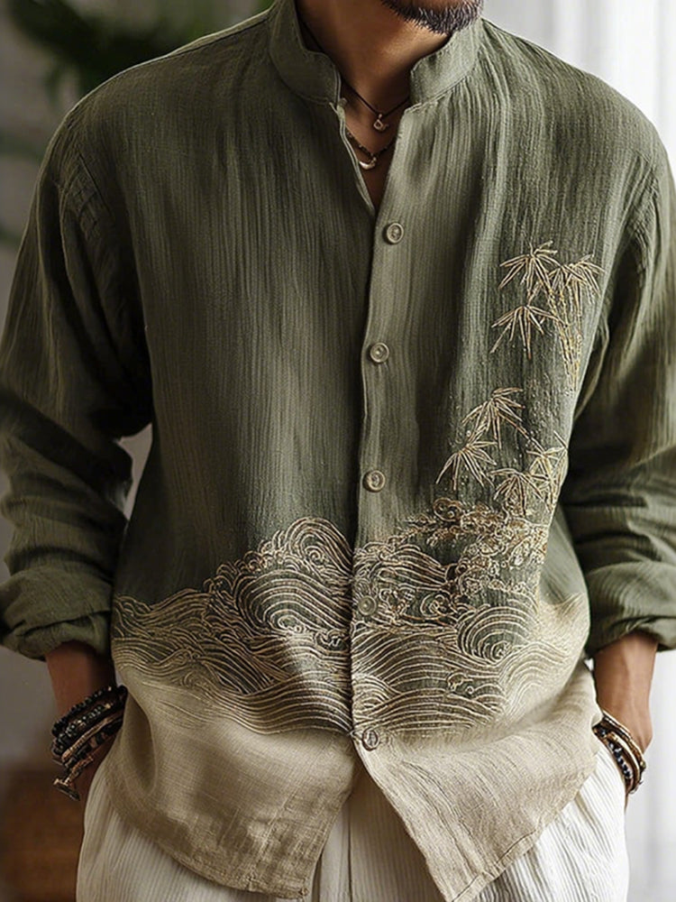 Men's Japanese-style Bamboo Waves Gradient Pattern Linen Blend Shirt