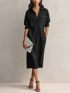 Women's Solid Color Lapel Collar Long Sleeve Casual Loose Cotton Linen Dress